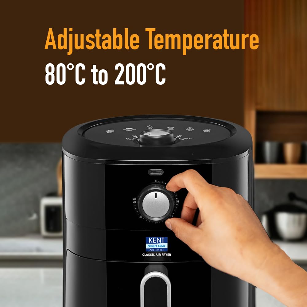 KENT 16096 Classic Hot Air Fryer 4L 1300 W | 80% Less Oil | Instant Electric Air Fryer | Auto Cut Off | Fry, Grill, Roast, Steam, and Bake | 1 Year Warranty | Black