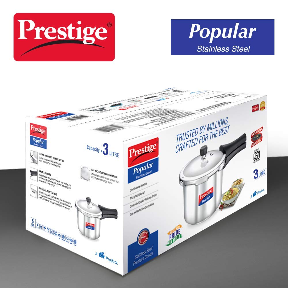 Prestige Popular Stainless Steel Outer Lid Pressure Cooker, 3 Litres, Silver