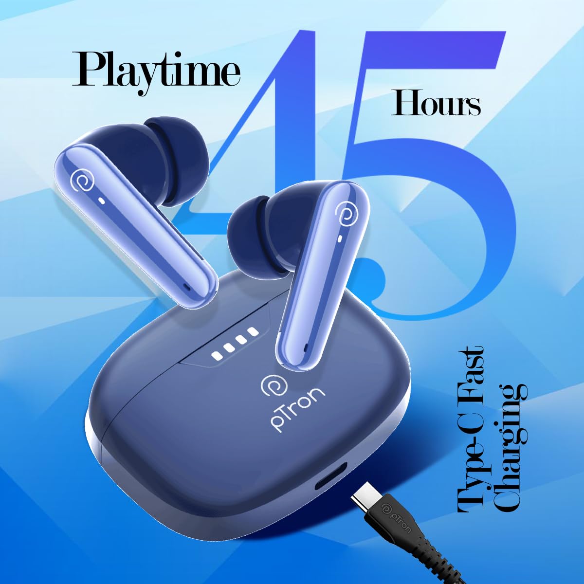 pTron Newly Launched Bassbuds Prism TWS Earbuds with 3D AudioScape, 45Hrs Playtime, TruTalk AI-ENC Calls, 50ms Low Latency Sync, BT5.3, Type-C Fast Charging, Voice Asst. & IPX5 Water Resistant (Blue)