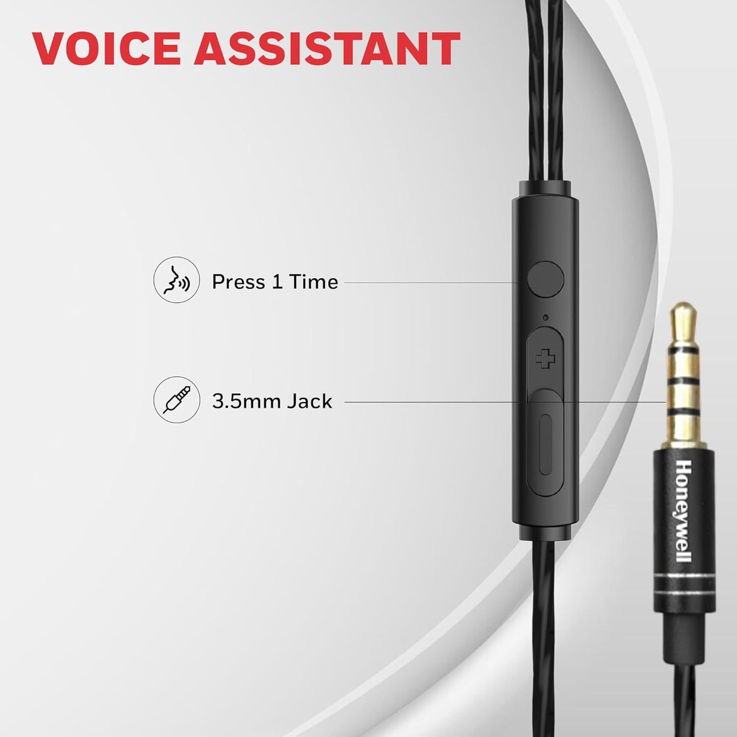 Honeywell Moxie V50 Wired Earphones with Built in Mic, 10mm*2 Drivers, Passive Noise Cancellation, Deep Bass & Clear Sound, Ultra HD Mic Quality, 3.5mm AUX, Voice Assistant Enabled, 1.2 Mtr