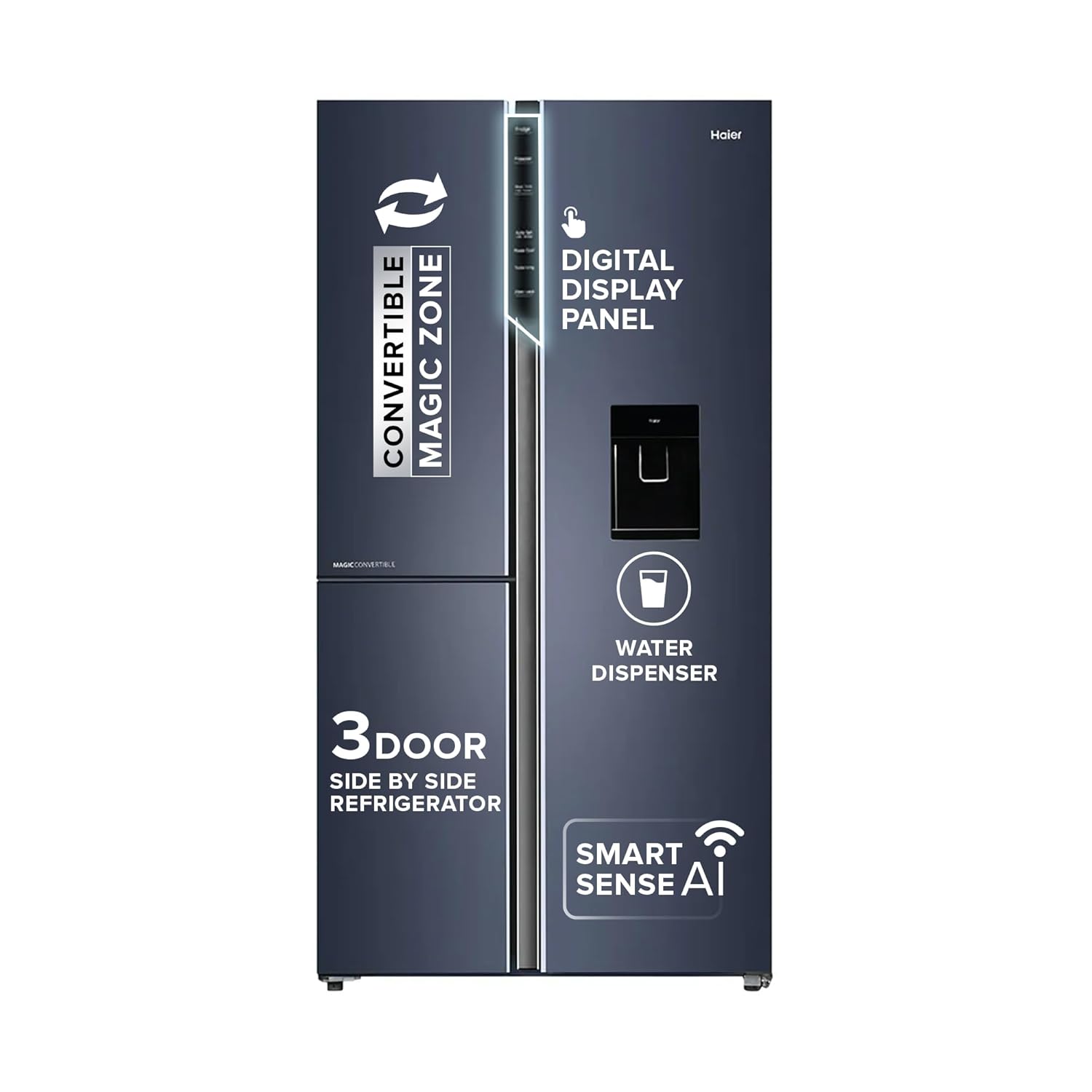 Haier 592L 3Star 3-Door Water Dispenser Side by Side Frost Free Refrigerator|Convertible|Smart Sense AI|Inverter|Digital Display Panel|Deo Fresh Technology (2025 Model, HRT-683WGKU1, Graphite Black)