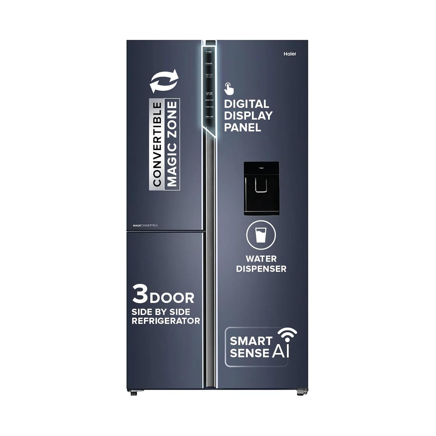 Haier 592L 3Star 3-Door Water Dispenser Side by Side Frost Free Refrigerator|Convertible|Smart Sense AI|Inverter|Digital Display Panel|Deo Fresh Technology (2025 Model, HRT-683WGKU1, Graphite Black)