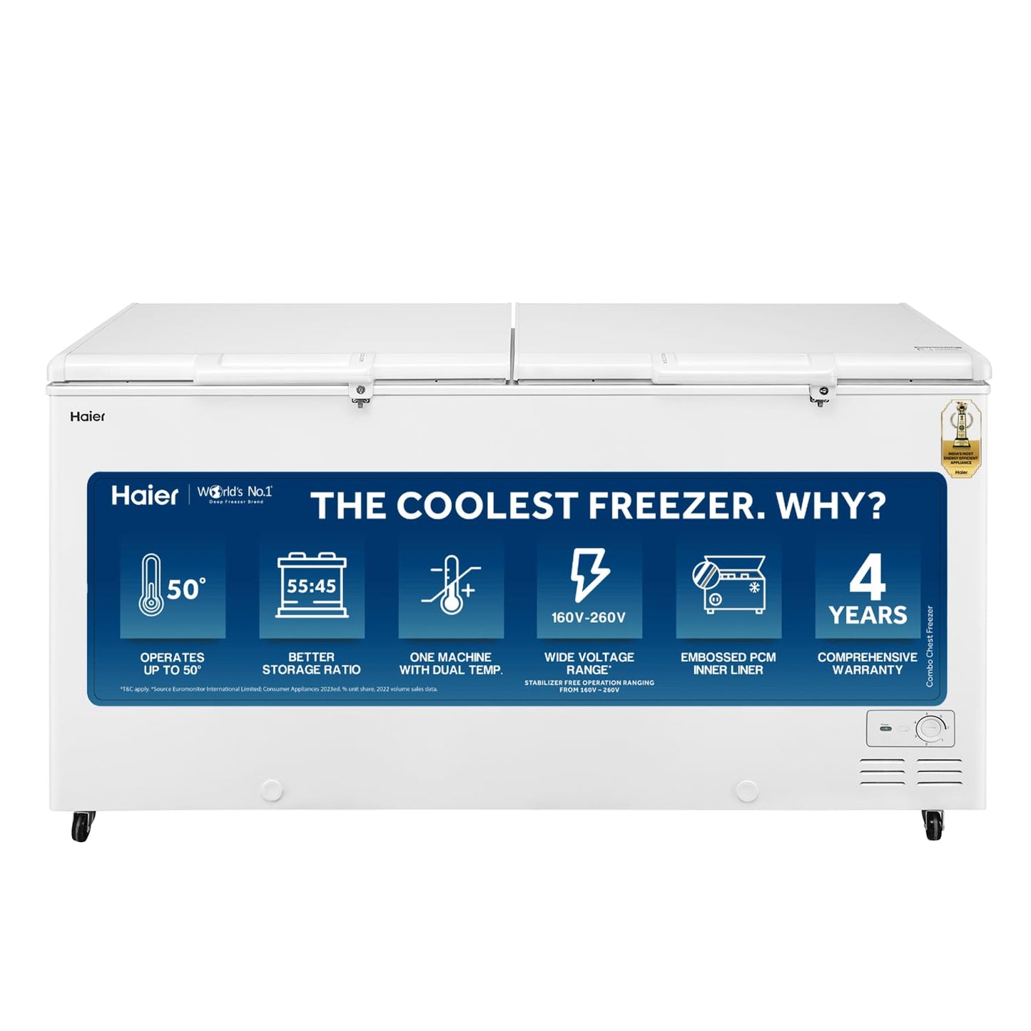 Haier HFC-325CM5, Double Door Combo Freezer (Half Cooler & Half Freezer Combo), Freeze & Chill together, Dual Condenser, Metal liner & 4 Years Comprehensive Warranty (White)