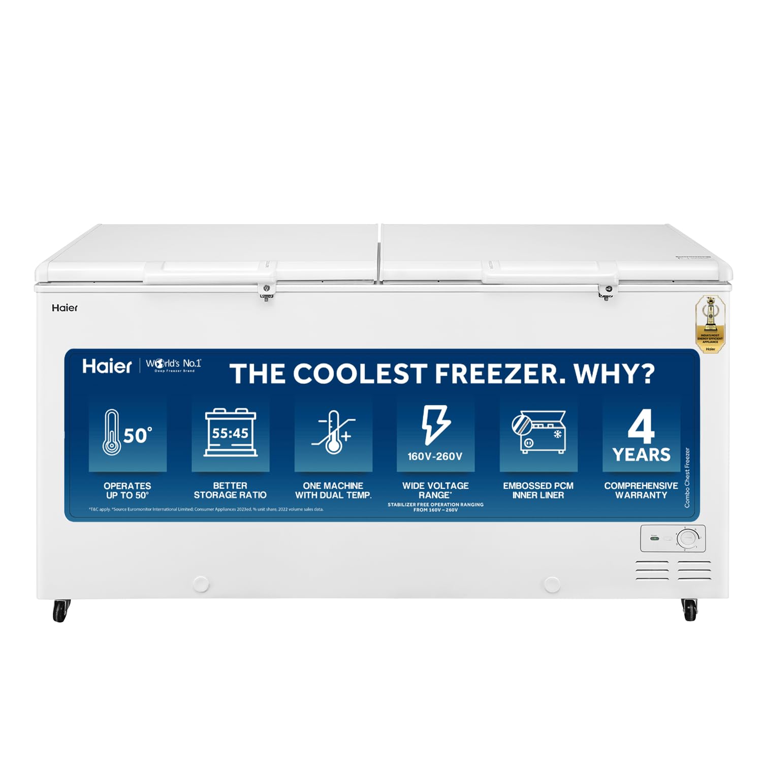Haier HFC-325CM5, Double Door Combo Freezer (Half Cooler & Half Freezer Combo), Freeze & Chill together, Dual Condenser, Metal liner & 4 Years Comprehensive Warranty (White)