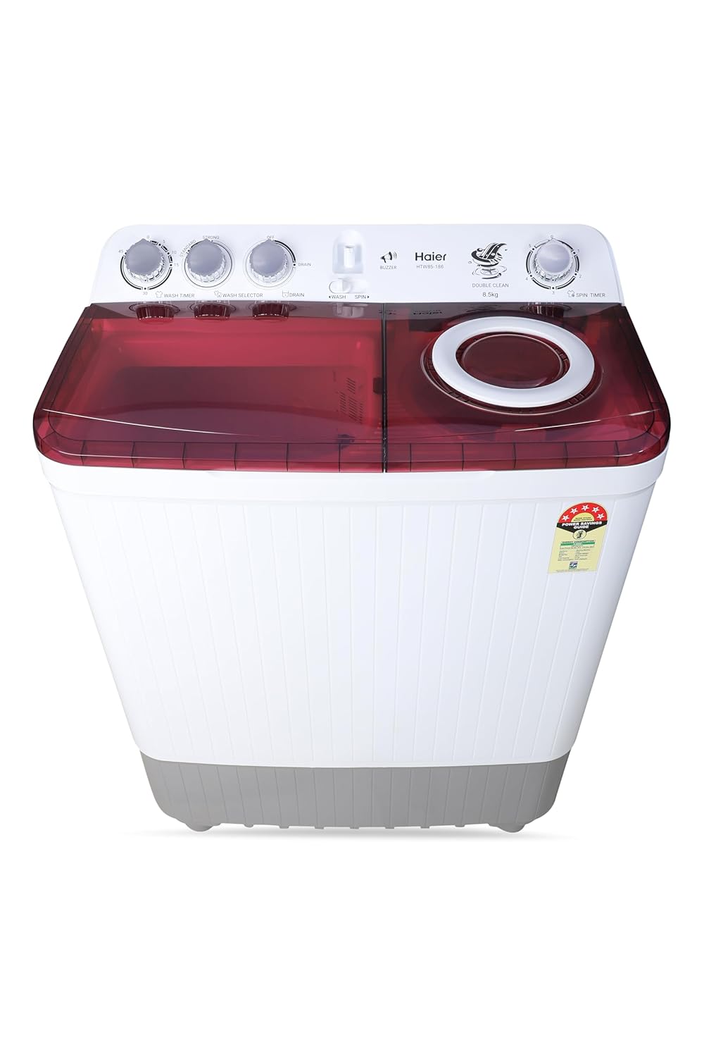 Haier 8.5 Kg 5 Star Oxyi Dry Technology Semi Automatic Top Loading Washing Machine (HTW85-186, Anti Bacterial Vortex Pulsator, Magic Filter, Rat Mesh, Maroon, White)
