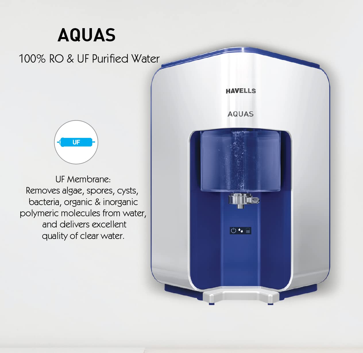 Havells AQUAS Water Purifier (White and Blue), RO+UF, Copper+Zinc+Minerals, 5 stage Purification, 7L Tank, Suitable for Borewell, Tanker & Municipal Water