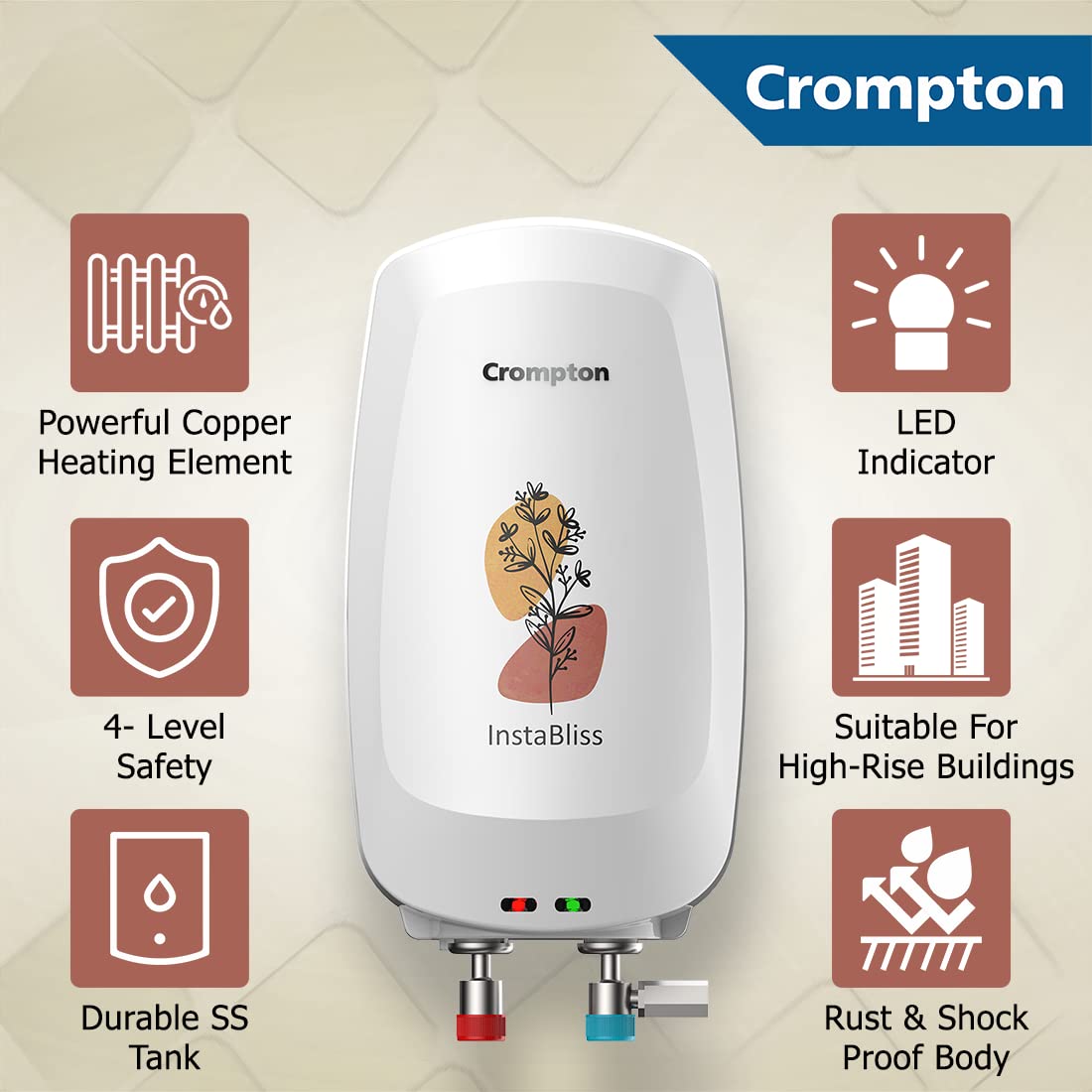 Crompton InstaBliss 3-L Instant Water Heater (Geyser) with Advanced 4 Level Safety (White), Wall Mounting