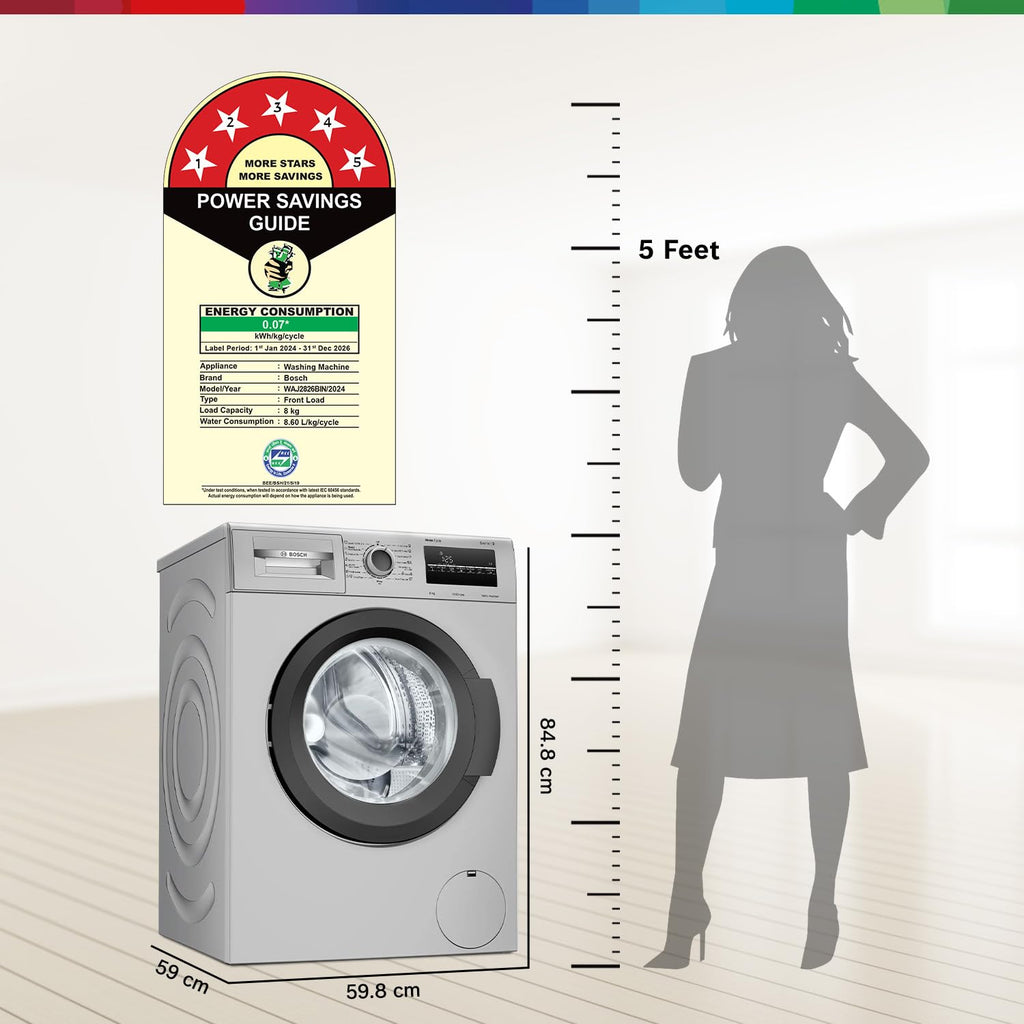 Bosch 8 kg, 5 Star, AI Active Water+, Anti-Tangle, Steam Anti Bacterial, Anti-Wrinkle Fully-Automatic Front Loading Washing Machine (WAJ2826BIN, In-Built Heater, Shiny Silver)