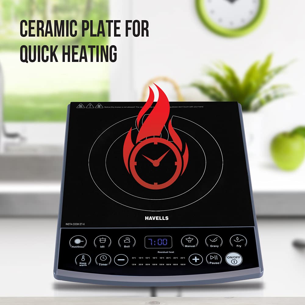 Havells Induction Cooktop Et-X|1900W|Digital Touch Control|Ceramic Plate|8 Pre-Sets with Indian Options|Auto Shutoff|Overheat Protection|6KV Surge Protector|2-Year Coil Warranty|Grey,Black