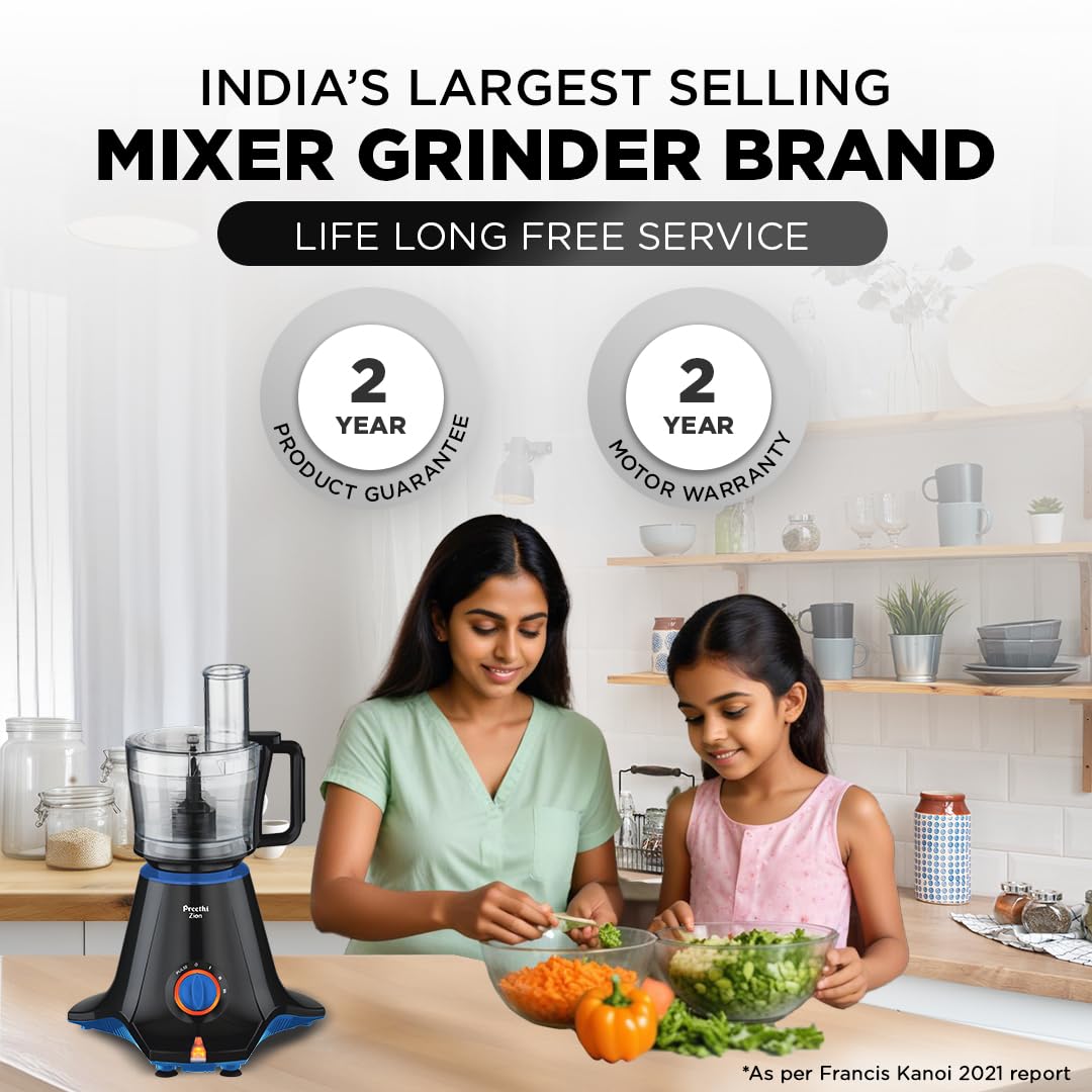 Preethi Zion Mixer Grinder for Kitchen - 4 Jars 750 Watt Mixie (3 Stainless steel Jars+1 Master Chef Plus Food processor Jar), Flexi lids, Vega W5 motor, Black (MG-227)