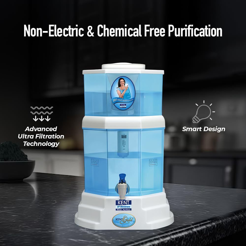 KENT Gold Gravity Water Purifier (11014) | UF Technology Based | Non-Electric & Chemical Free | Counter Top | 20L Storage | White