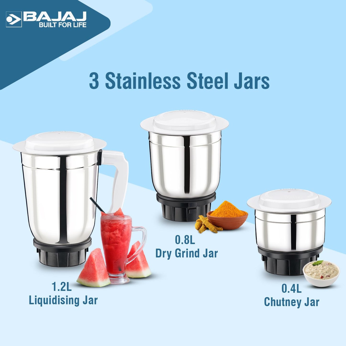 Bajaj 500 Watt GX-1 Mixer Grinder with 3 Jars- white