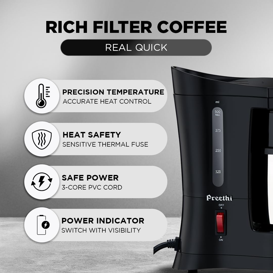 Preethi Cafe Zest Drip Coffee Maker| 450W Coffee Machine for Home | 500ml Capacity | Black (CM 210)