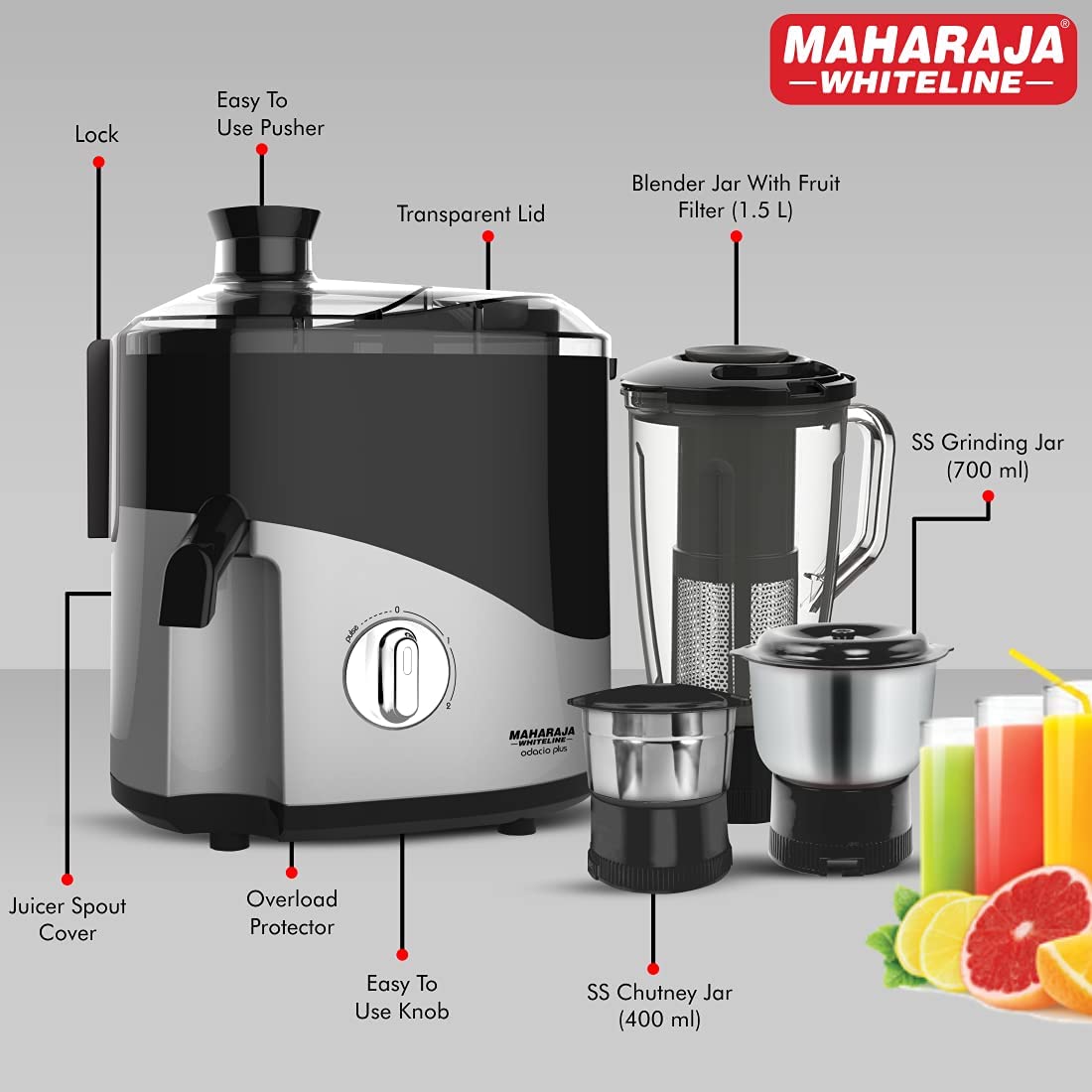 Maharaja Whiteline Odacio Plus Juicer Mixer Grinder,550W,3 Jars (2 Stainless Steel Jar + Blending Jar with Fruit Filter),Silver & Black,Food Grade Safe, High Grade Mesh, Fluidic design, 2Year Warranty