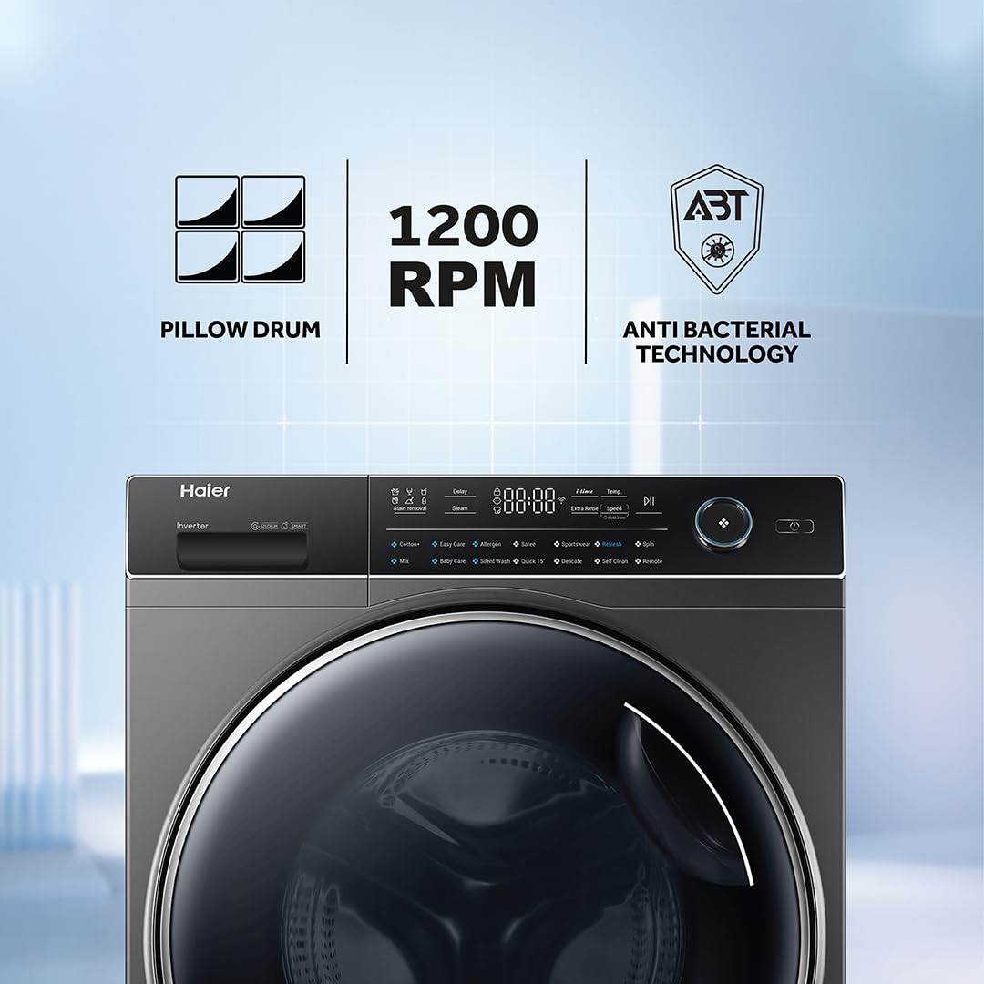 Haier 8 Kg 5 Star Inverter Direct Motion Motor Fully Automatic Front Load Washing Machine (HW80-IM1479CS8U1, 525 Super Drum, Puri Steam, Dark Jade Silver)