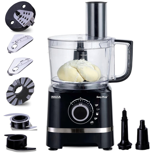 INALSA Food Processor with Atta Kneader 800 Watts|1.4L Processing Bowl 7 Accessories including Dough Maker Electric Chopper,French Fry Cutter,Slicer,Shredder,Meat Mincer Dough Maker Machine,Easy Prep