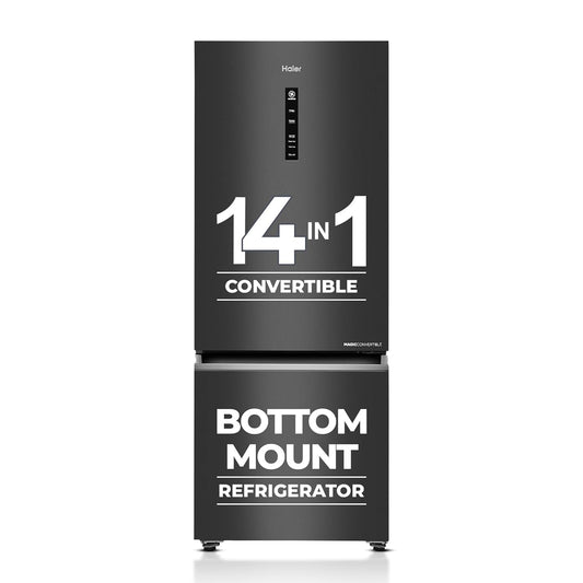 Haier 355 L 3 Star Frost Free Bottom Mount Double Door Refrigerator|Convertible 14-in-1|Jhukna Mat-Bottom Freezer|Digital Display Panel|Triple Inverter|Twist Ice Maker (HEB-363MB-P, Graphite Black)