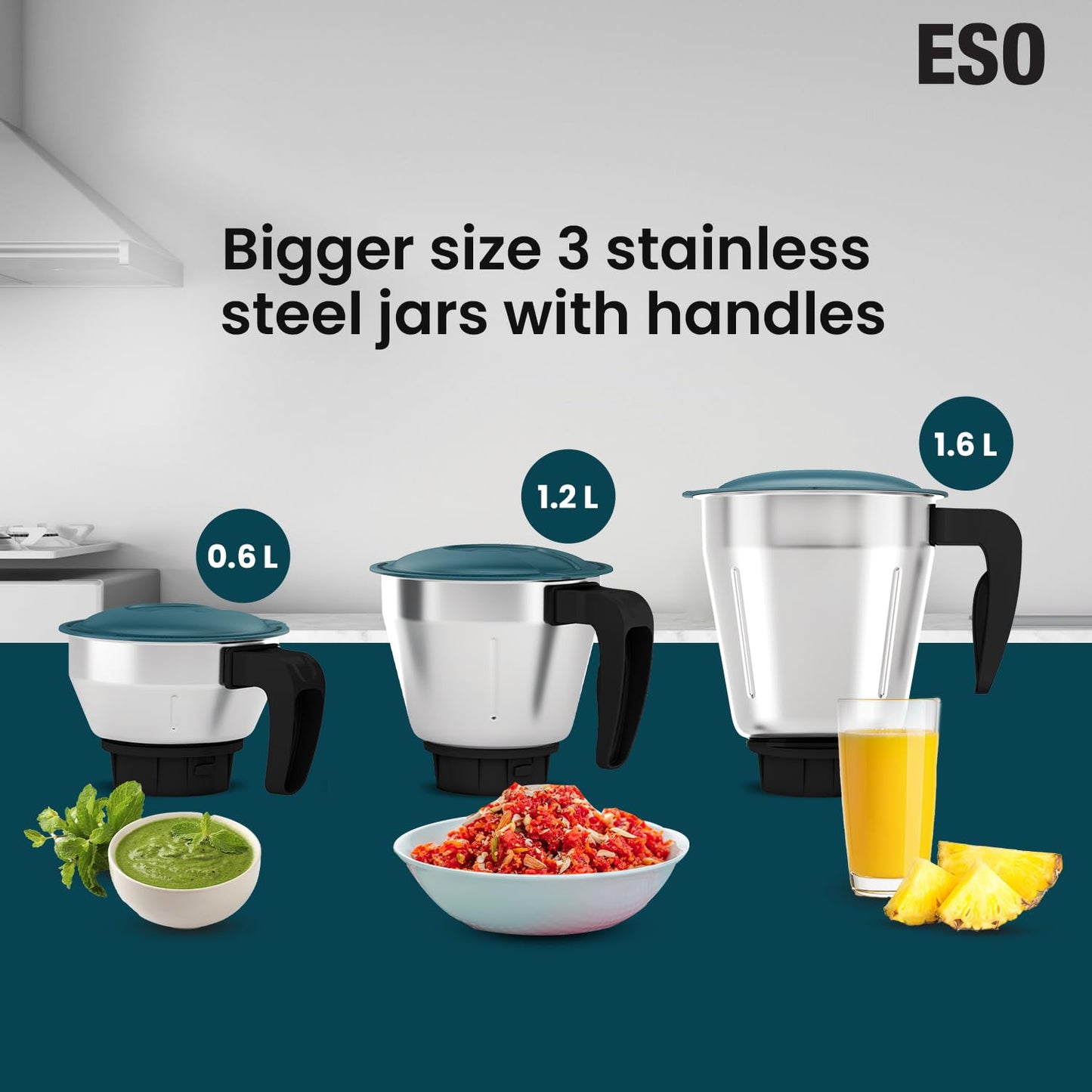 Havells ESO 750 Watt Mixer Grinder | 3 Stainless Steel Jars with Handles | 304 Rust-Resistant SS Blades | 21000 RPM High-Speed Motor | 5-Year Motor Warranty | Heavy-Duty Mixie (Teal)