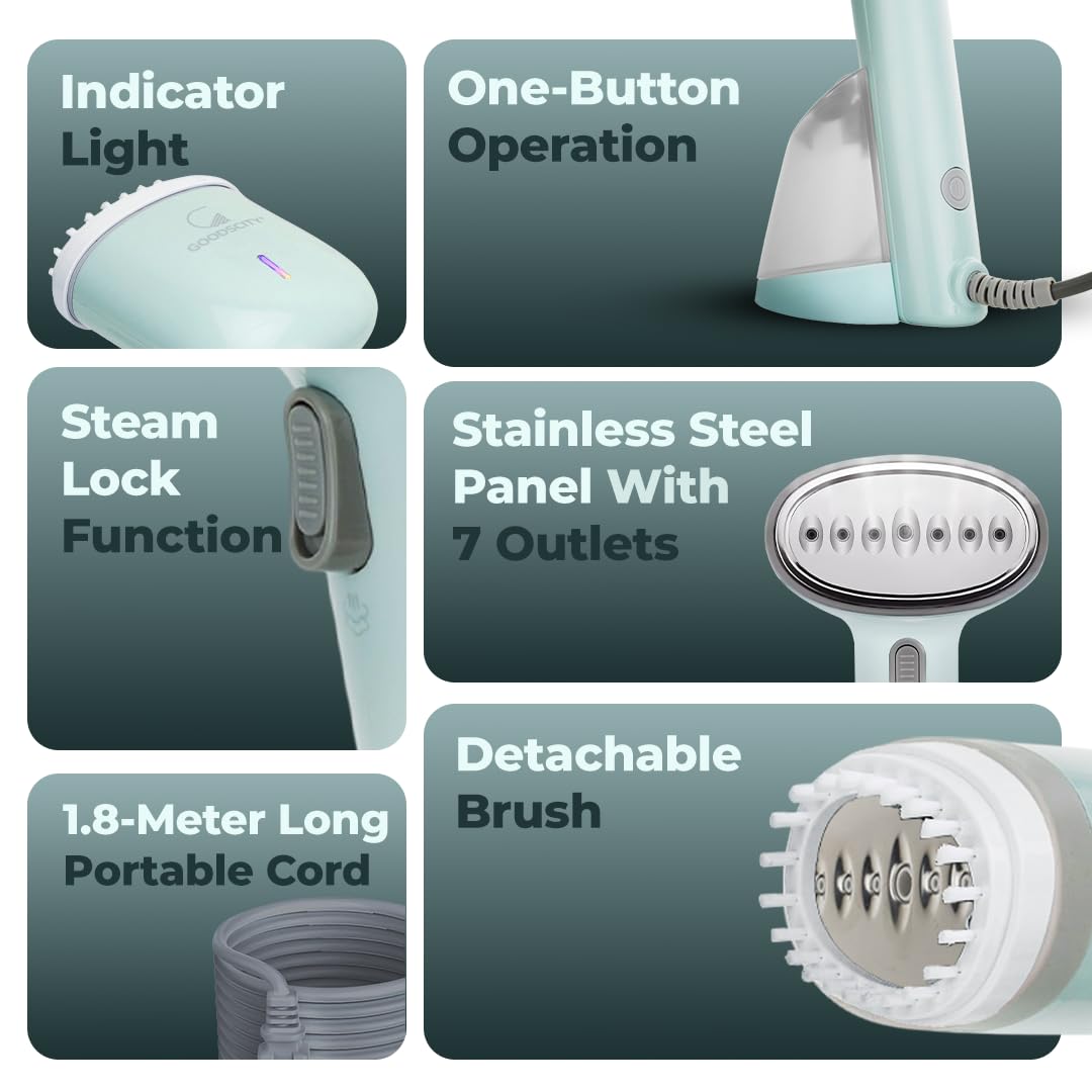 Goodscity handheld garment steamer for clothes, Vertical & Horizontal Steam iron for clothes, 30s Fast heating,1200 Watt Portable Steam press,250ml tank, Glove, Measuring cup & Brush,1 year Waranty