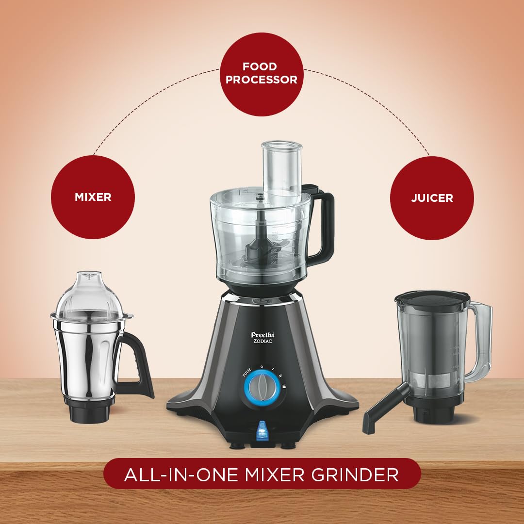 Preethi Zodiac MG-218 mixer grinder, 750 watt, Black/Light Grey, 5 jars - 3 In 1 insta fresh juicer Jar & Master chef food processor Jar, Vega W5 motor with 5yr Warranty & Lifelong Free Service