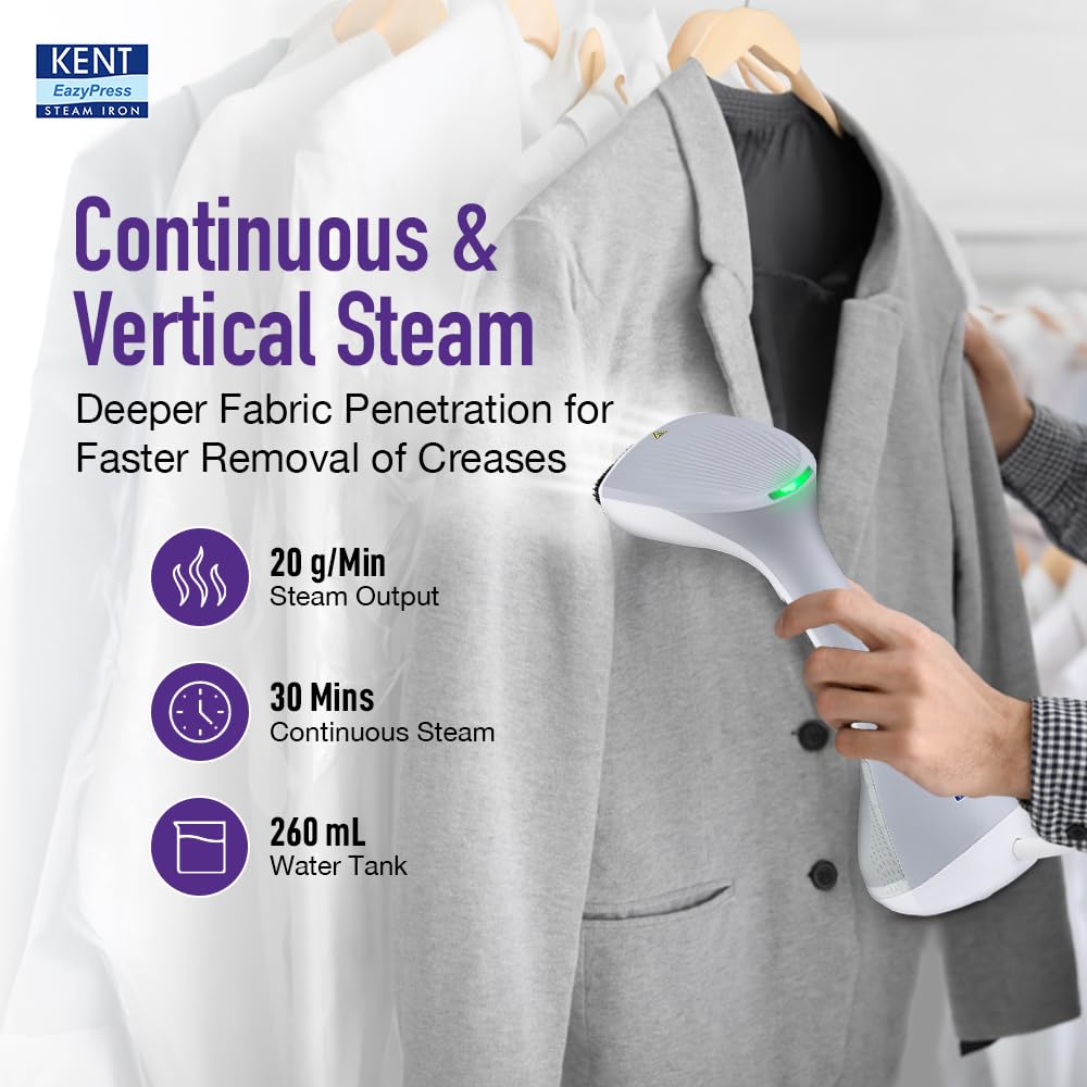 KENT Swift Handheld Garment Steamer 1300 Watts | Ideal for Fabrics like Sarees, Suits, Jackets etc |Ceramic Coated Steam Plate |Continuous Steam Up To 30 Minutes |20 G/Min Steam |260ml Detachable Tank