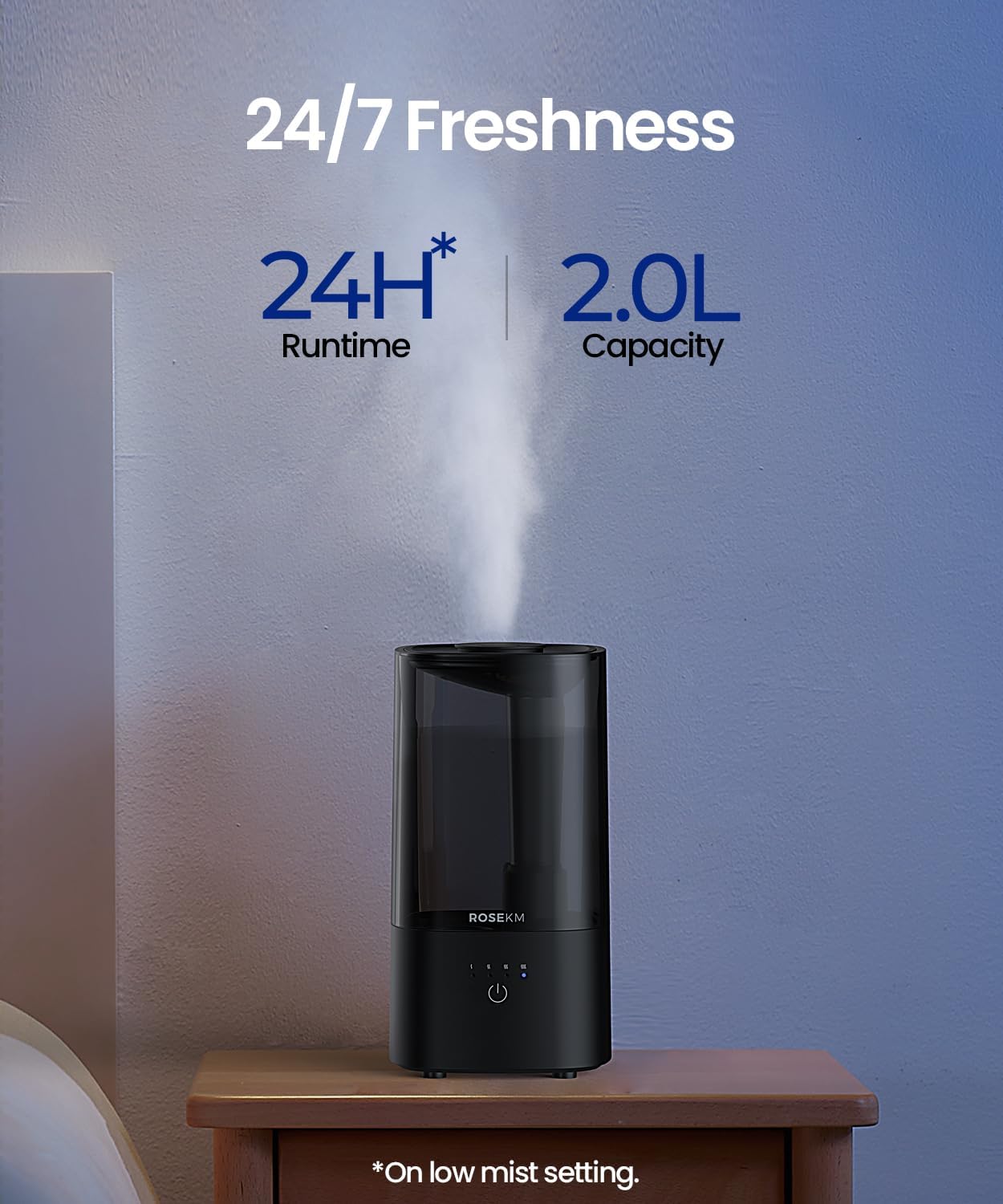 ROSEKM Cool Mist Ultrasonic Humidifier, 2.0L Humidifiers for Bedroom and Baby Nursery, Small Quiet Air Humidifier, Ultrasonic, Auto Shut-Off, 360° Nozzle