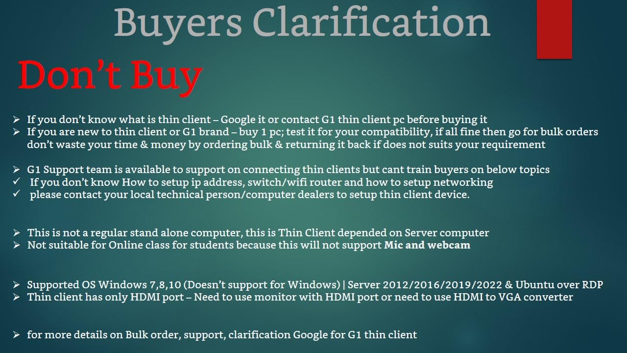 G1 Thin Pcs Client Pc|Zero Client|Similar Or Alternative To Ncomputing|Support Mic For Call Center&School Language Lab,Remote Fx|High Performance Without Lagging,Linux,Intel,Black