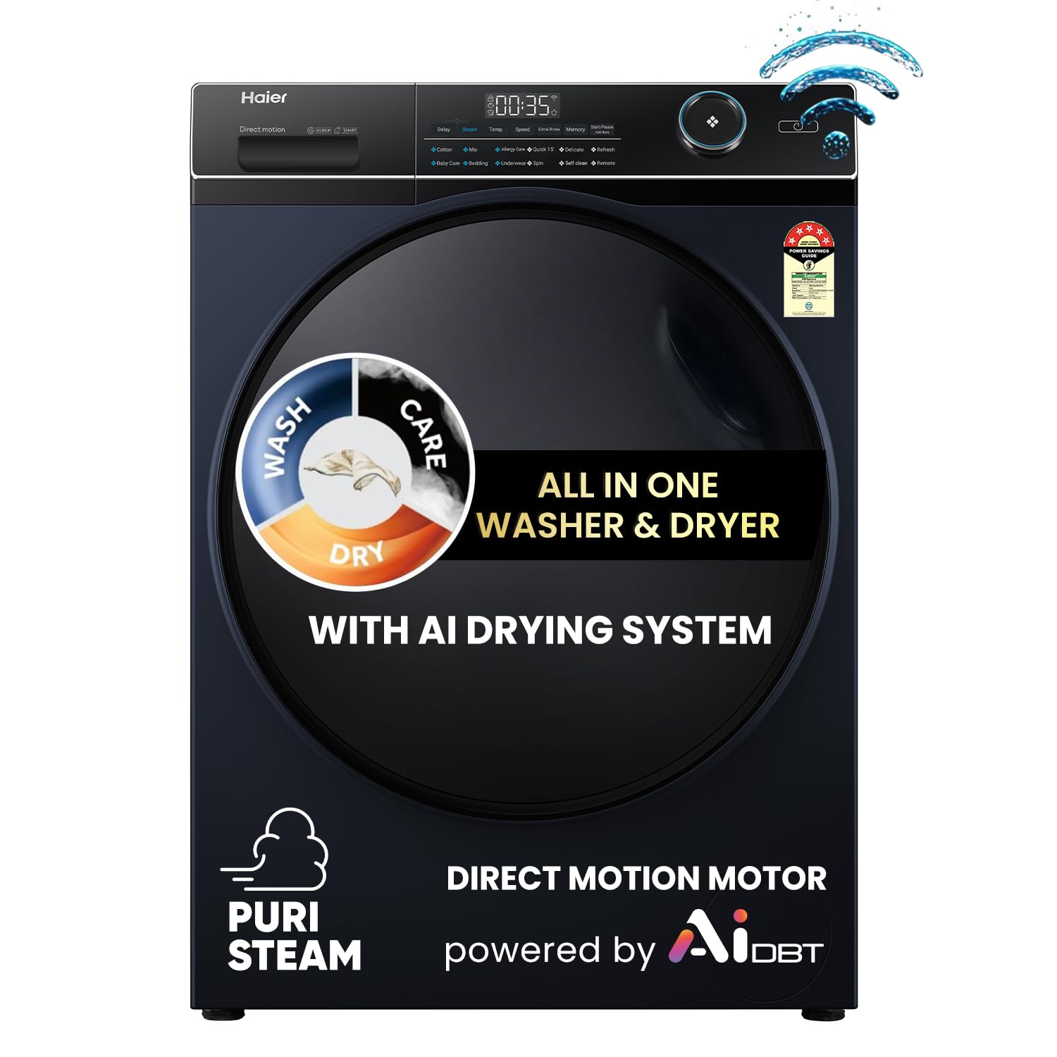 Haier 9 Kg 5 Star Powered by AI-DBT with Direct Drive Technology, PuriSteam, 525mm Super Drum Fully Automatic Front Load Washing Machine (EFL90-DM14IBIEBK,In-Built Heater,Steel Drum,Black)