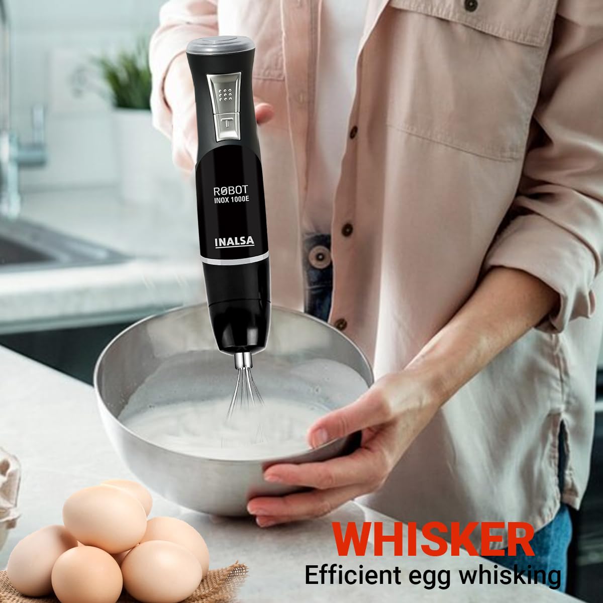 INALSA Hand Blender 1000 Watts with Chopper, Whisker| Variable Speed & Turbo Speed Function|100% Copper Motor|1Liter|Low Noise |Anti-Splash Technology|Home&kitchen|2 Year Warranty (Robot Inox 1000E)