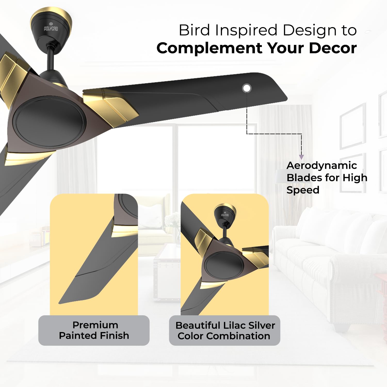 Polycab Aereo Plus Star Rated, 1200mm Ceiling Fan For Home | High Speed & Air Delivery | Saves Up To 33% Electricity, 100% Copper, Rust-Proof Blades, 52 Watt【Matt Black Choclate Gold】