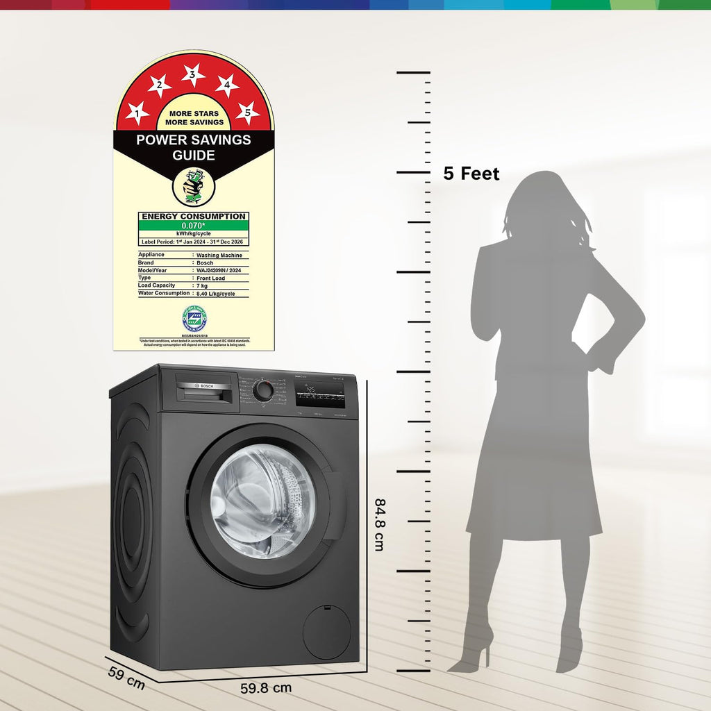 Bosch 7 kg, 5 Star, AI active water+, Anti Stain, Steam Antibacteria, Allergy Plus, Fully-Automatic Front Loading Washing Machine (WAJ24209IN, Black, In-Built Heater, Anti Wrinkle, Anti Tangle)