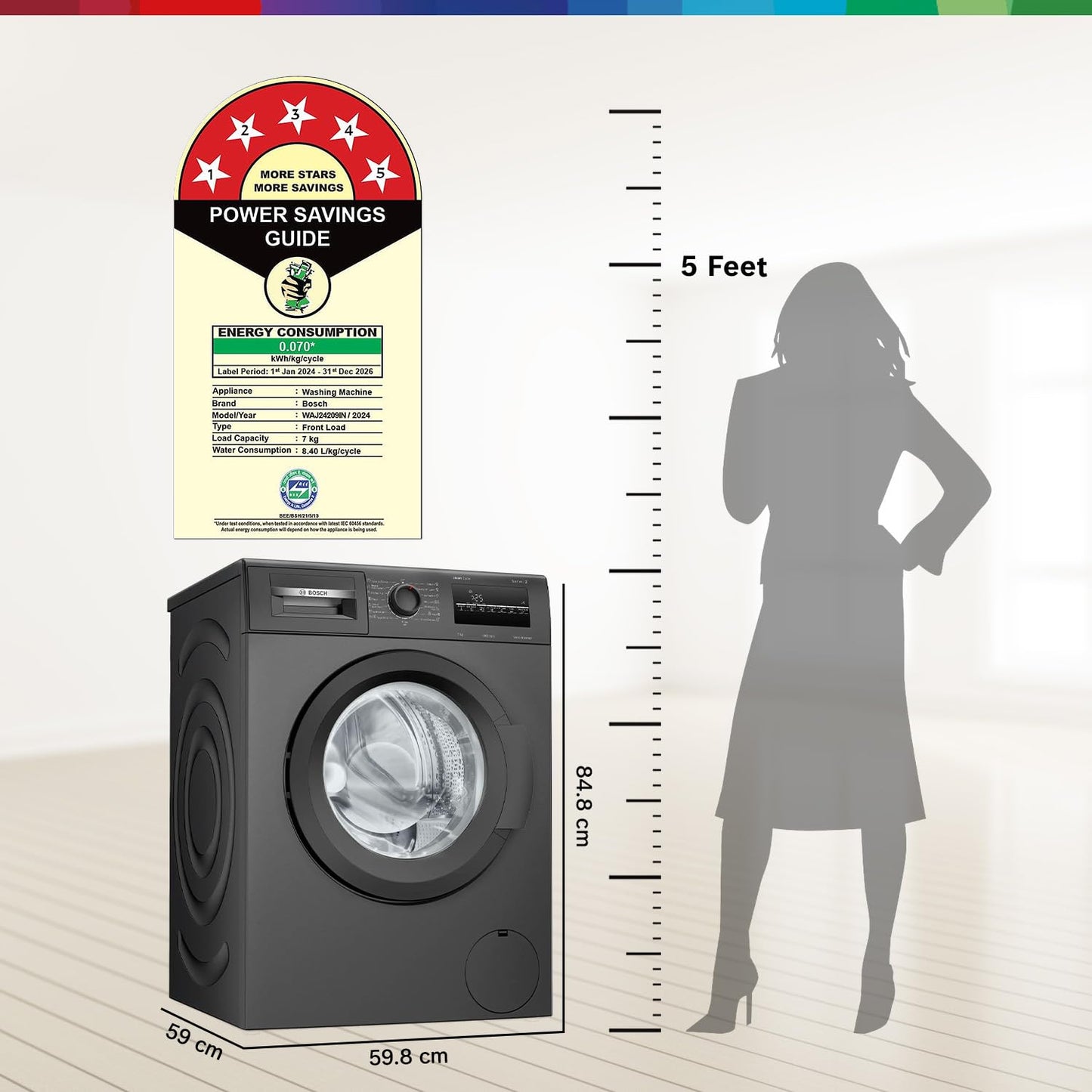 Bosch 7 kg, 5 Star, AI active water+, Anti Stain, Steam Antibacteria, Allergy Plus, Fully-Automatic Front Loading Washing Machine (WAJ24209IN, Black, In-Built Heater, Anti Wrinkle, Anti Tangle)