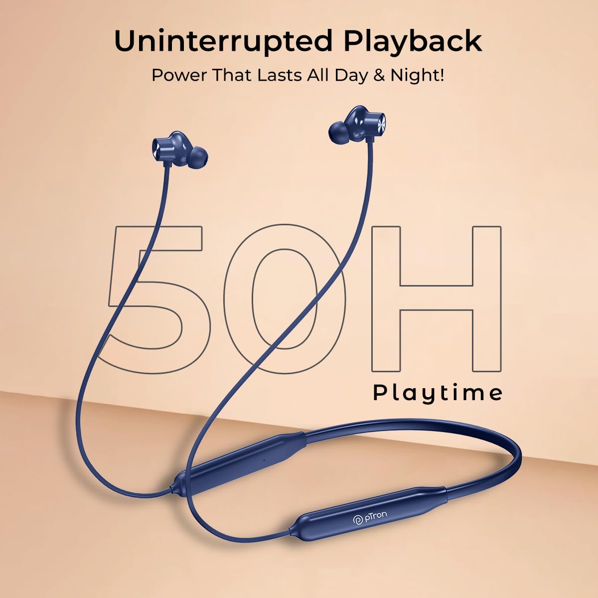 pTron Tangent Rush w/ 50Hrs Playtime, Pristine Sound, Dual-Device Pairing, Bluetooth 5.4 Wireless in-Ear Earphones with Mic, Voice Assistant, Type-C Fast Charging & IPX5 Water Resistant (Blue)