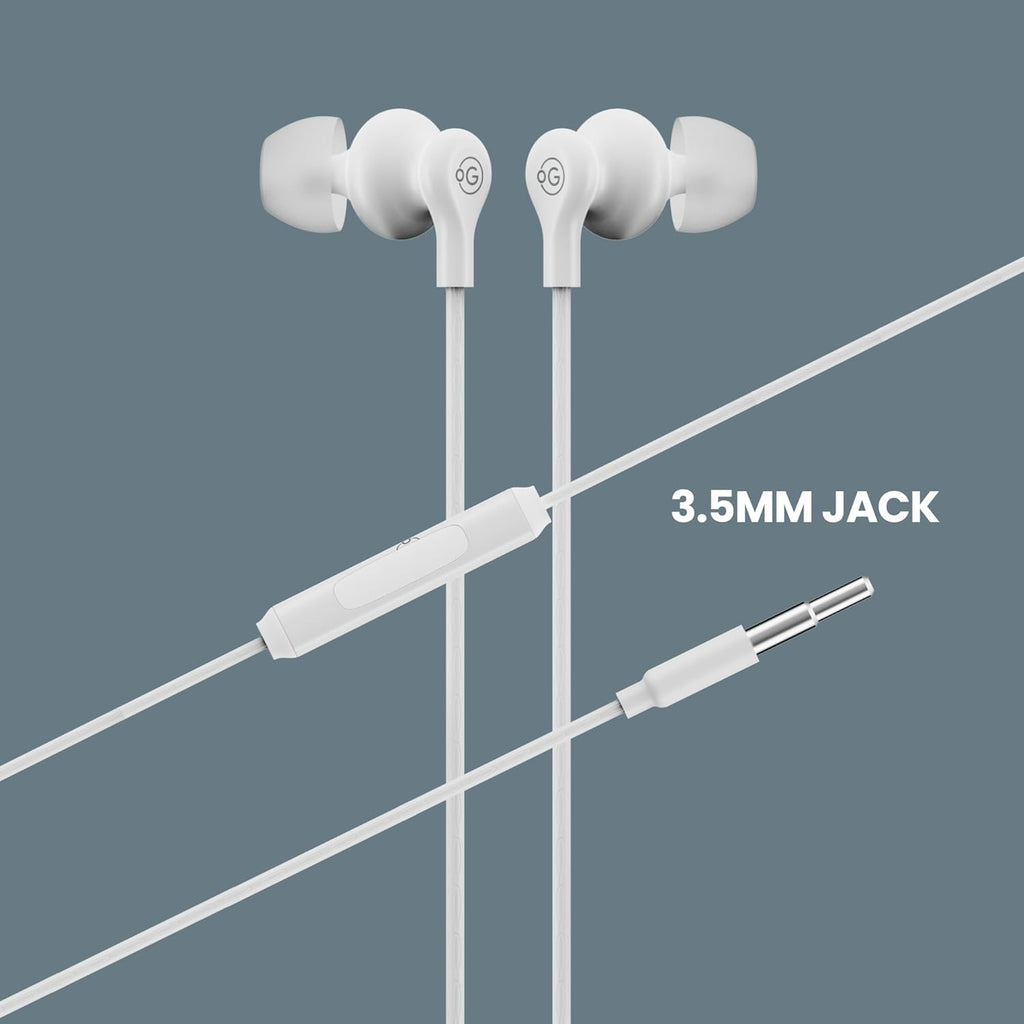 OOGE Beat 1 Wired Earphones with Mic, 3.5mm Jack, Deep Bass, Inline Controls, Lightweight and Comfortable Fit, Earphone Wired with Mic, Ideal for Laptop, Tablet, and Android Devices (White)