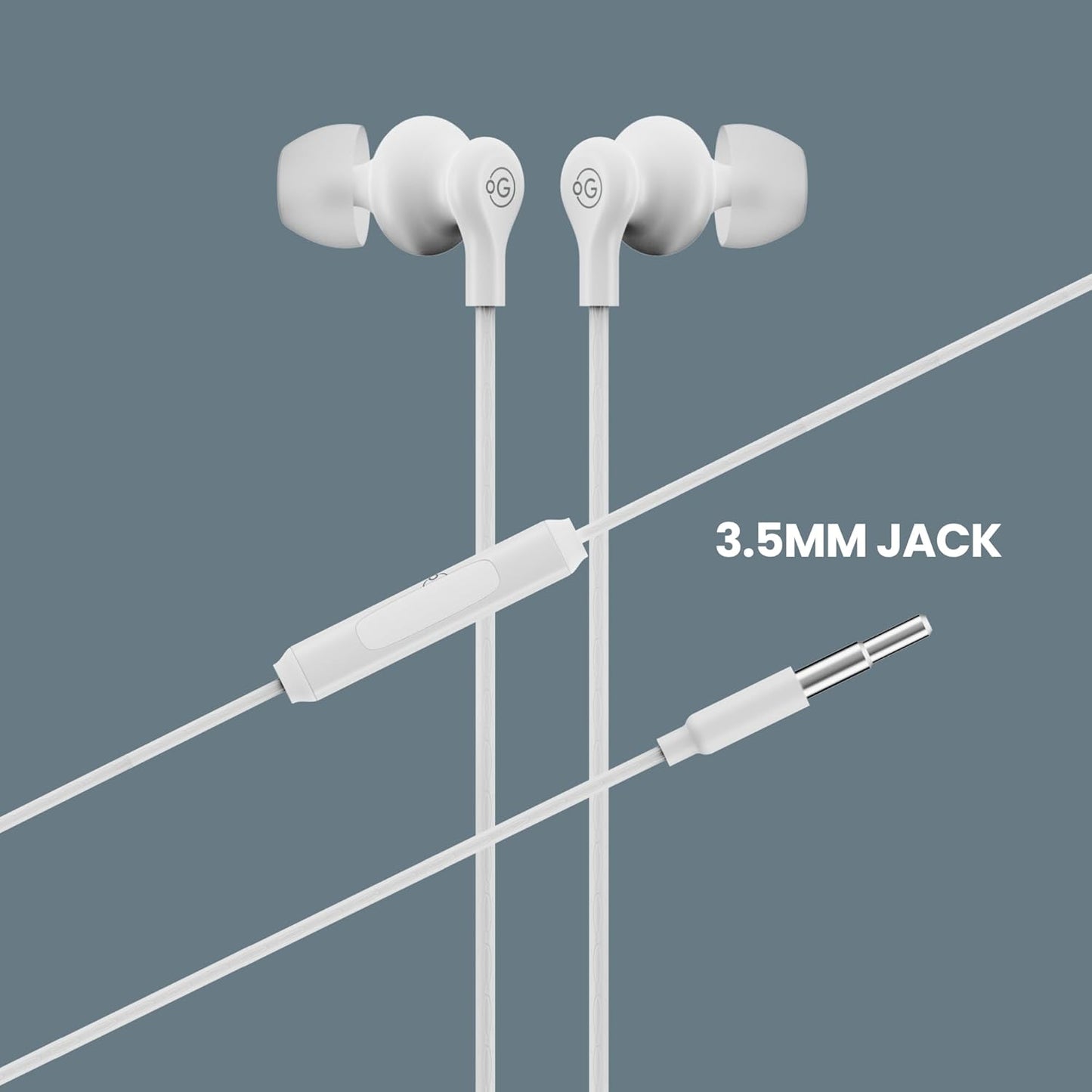 OOGE Beat 1 Wired Earphones with Mic, 3.5mm Jack, Deep Bass, Inline Controls, Lightweight and Comfortable Fit, Earphone Wired with Mic, Ideal for Laptop, Tablet, and Android Devices (White)