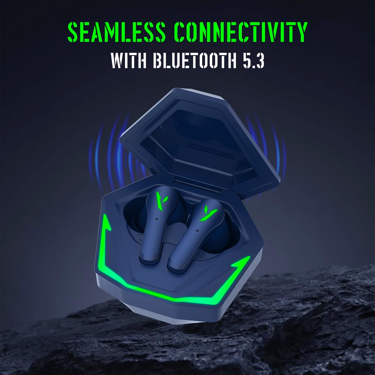pTron Bassbuds Rogue W/ 40Ms Low-Latency Gaming,Clear Calls,50Hrs Playtime,Pristine Sound,V5.3 Bluetooth in Ear Headphones,Snug-Fit,RGB Lights,Touch Control,Voice Assist,IPX5 Water Resistant(Blue)