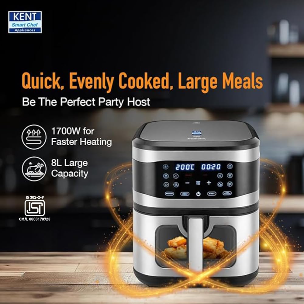 KENT Digital Air Fryer 8L | 1700W | Bake, Grill & Roast | Up to 80% Less Oil Usage | 7 Preset Menu | Digital Display & Touch Control Panel | Glass Window with in built Light | Auto Cut-Off Silver