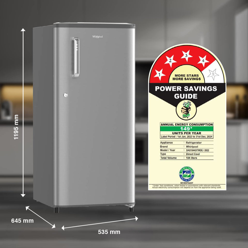 Whirlpool 184 L 4 Star Inverter Direct-Cool Single Door Refrigerator (205 WDE PRM 4S Inv MAGNUM STEEL-Z, Magnum Steel,Grey)