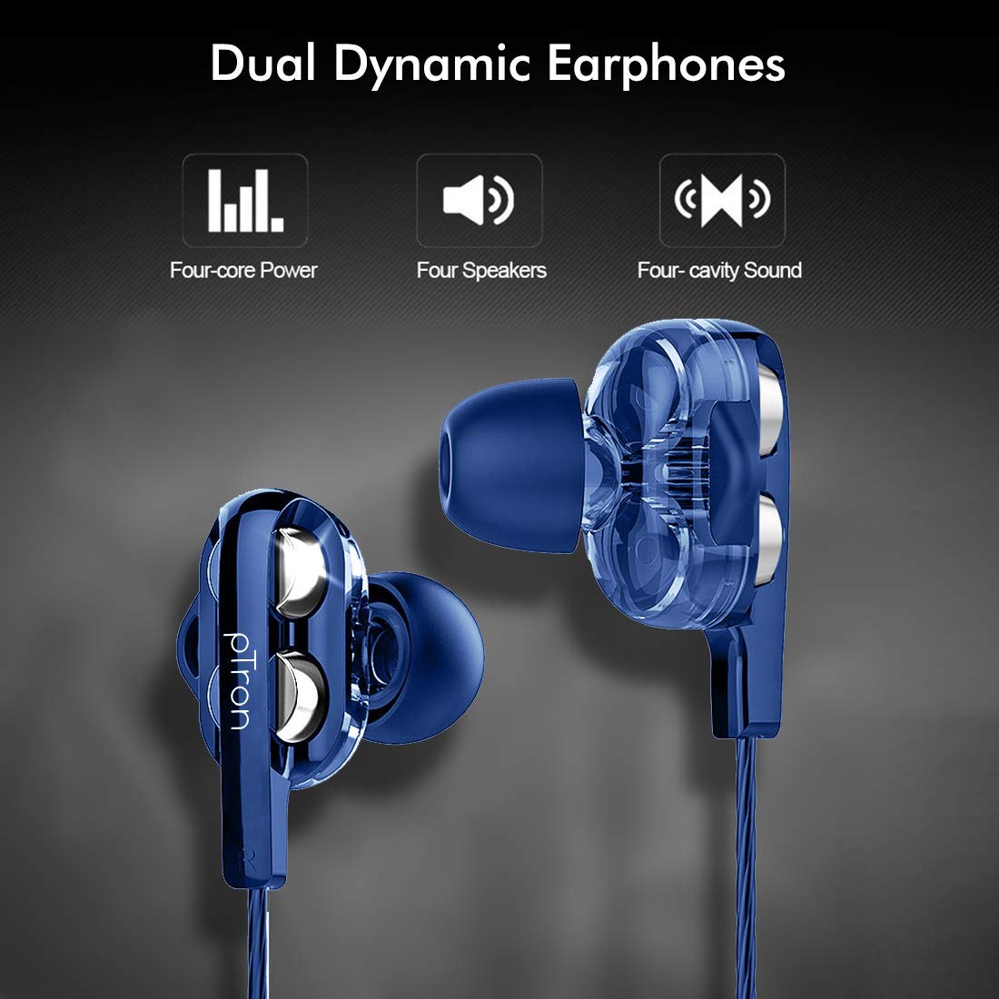 pTron Boom Ultima 4D Dual Driver, in Ear Gaming Wired Headphones with in-Line Mic, Volume Control & Passive Noise Cancelling Boom 3 Earphones - (Dark Blue)