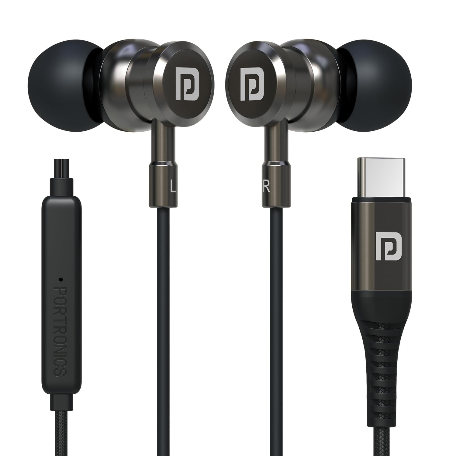 Portronics Conch Tune C in Ear Type C Wired Earphones with Mic,10mm Driver, 1.2m Nylon Braided Anti Tangle Wire, in line Controls, Metal Alloy Body, Wide Compatibility(Grey)