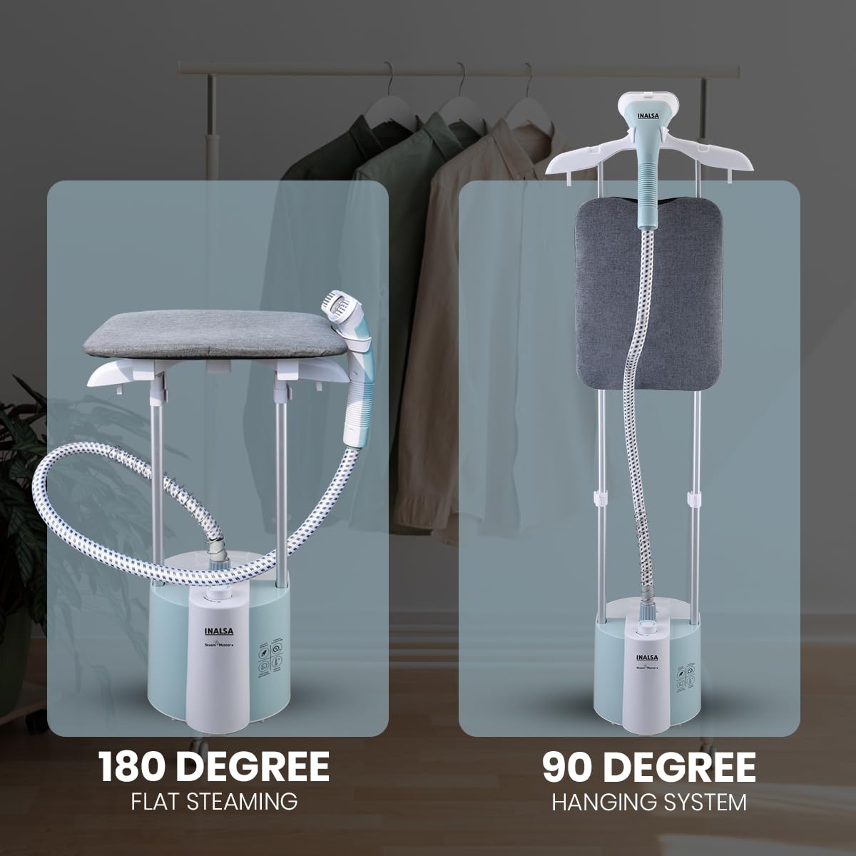 INALSA Standing Iron Garment Steamer-2000 W|Variable Control Knob |1.7 L Detachable Water Tank|Adjustable Iron Board|Vertical & Horizontal Steaming up to 30g/min|28 sec Fast Heating-STEAM MASTER PLUS