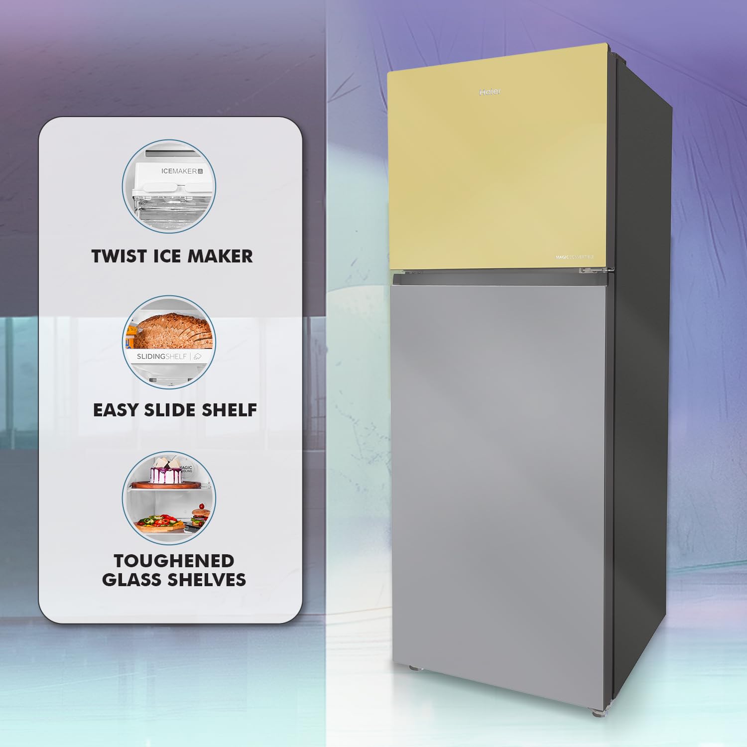 Haier 328 L, 3 Star, Convertible 10-in-1, Triple Inverter & Fan Motor Technology, Frost Free Double Door Refrigerator (HRF-3783YGG-P, Yellow Grey Glass)