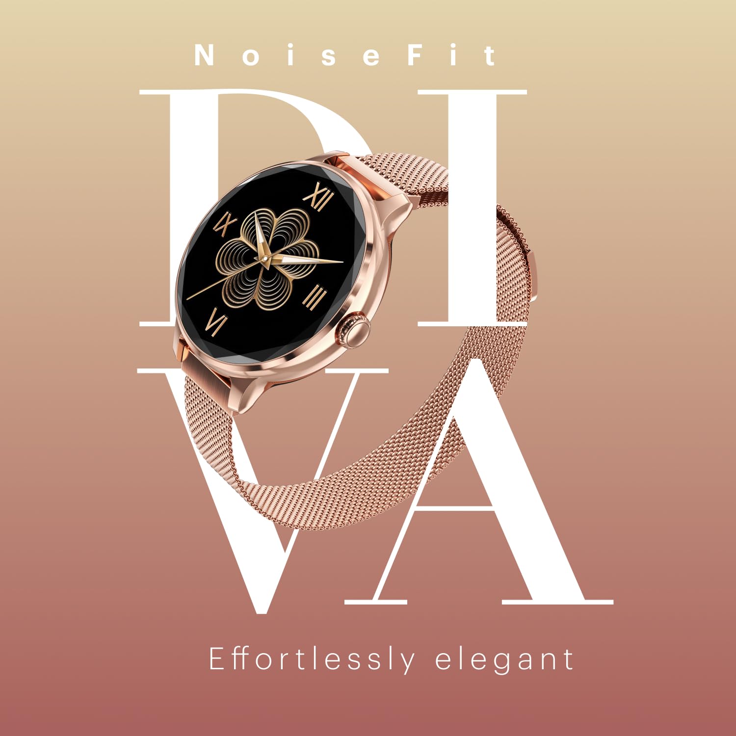 Noise Diva Smartwatch with Diamond Cut dial, Glossy Metallic Finish, AMOLED Display, Mesh Metal and Leather Strap Options, 100+ Watch Faces, Female Cycle Tracker Smart Watch for Women (Gold Link)