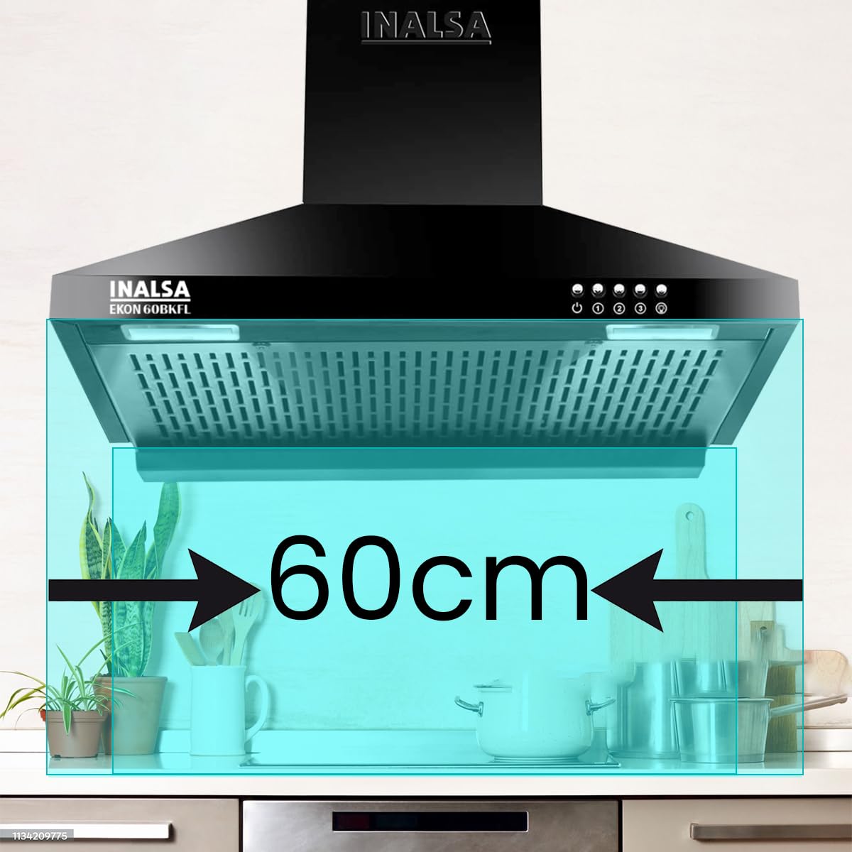 INALSA EKON 60cm 1100 m³/hr Pyramid Kitchen Chimney With Elegant Look|Push Button Control|Efficient Dual LED Lamps & Filterless|5 Year Warranty on Motor ( EKON 60BKFL, Black)