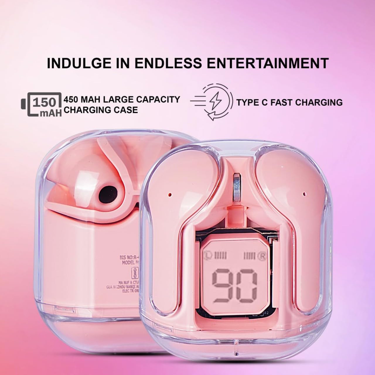 in-Ear Wireless Earbuds, Ultrapods max TWS Bluetooth Earphones with Charging Case and LED Digital Display, Microphone, Works with iPhone Android and Bluetooth Devices (Pink)