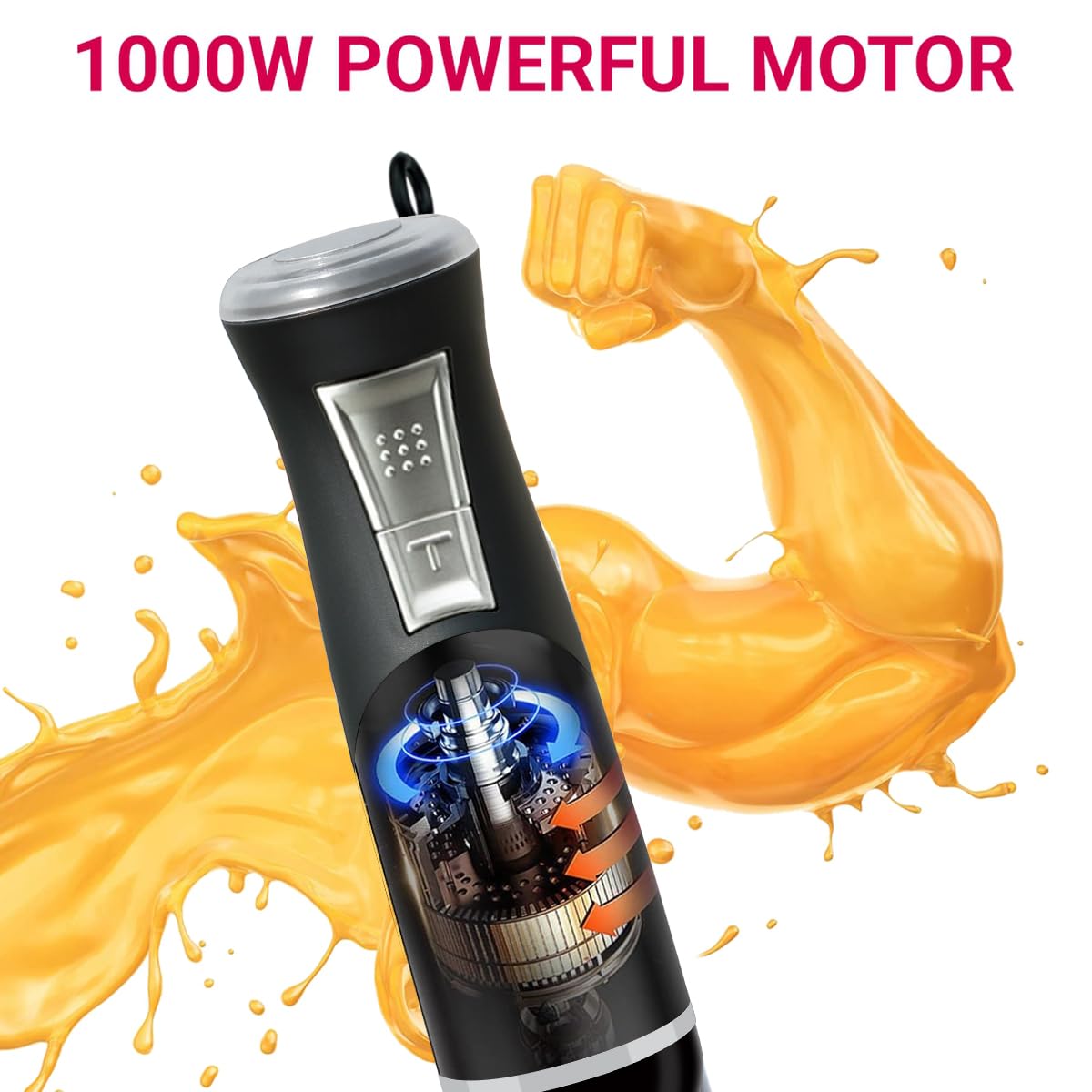 INALSA Hand Blender 1000 Watts with Chopper, Whisker| Variable Speed & Turbo Speed Function|100% Copper Motor|1Liter|Low Noise |Anti-Splash Technology|Home&kitchen|2 Year Warranty (Robot Inox 1000E)