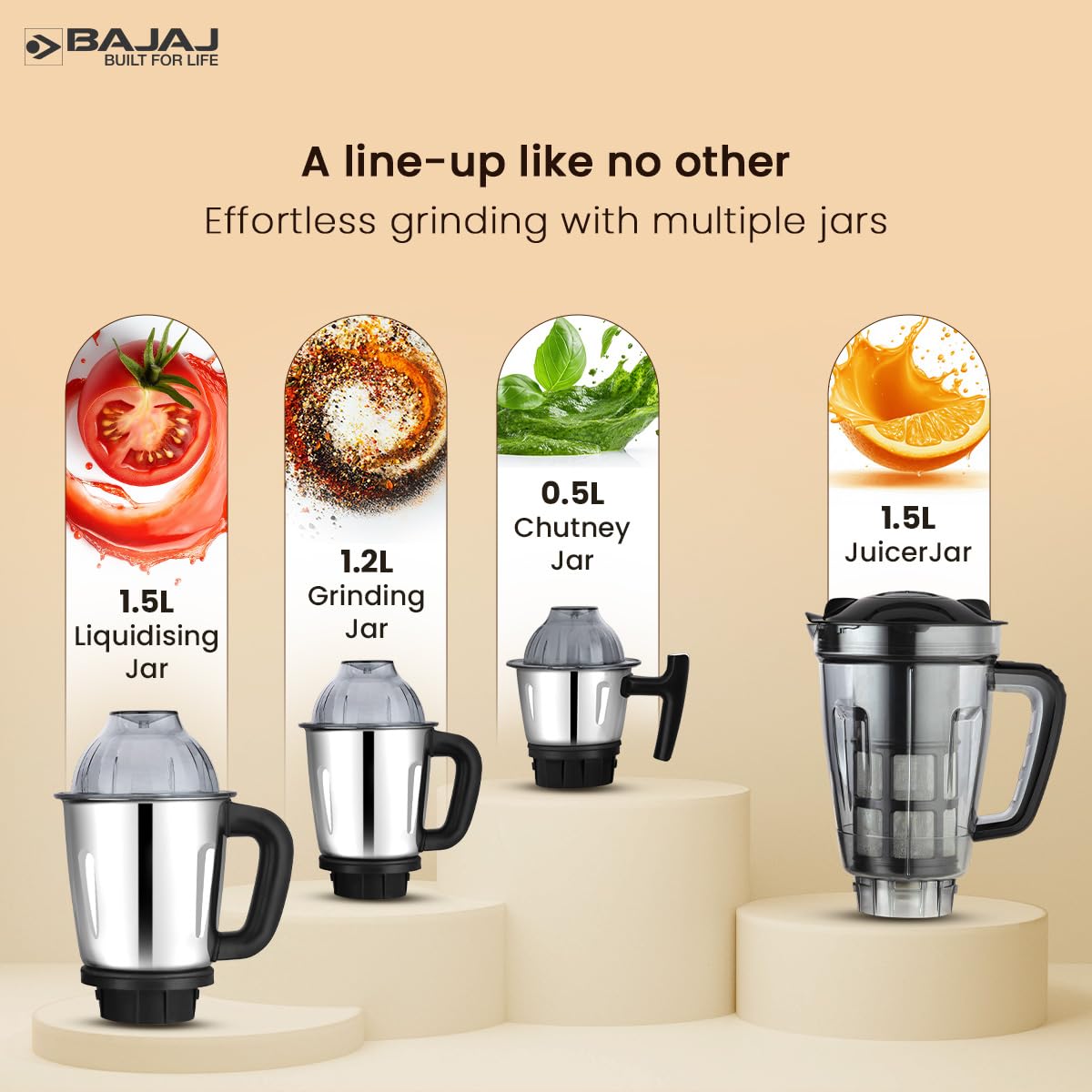 Bajaj Military Series Glamore 1000 W Mixer Grinder With 4 Jars (3 Stainless Steel Jars + 1 Fruit Filter Jar) | DuraCut Blades | Powerful Titan Motor | Unbeatable Toughness | 2 Yrs Warranty【Jet Black】