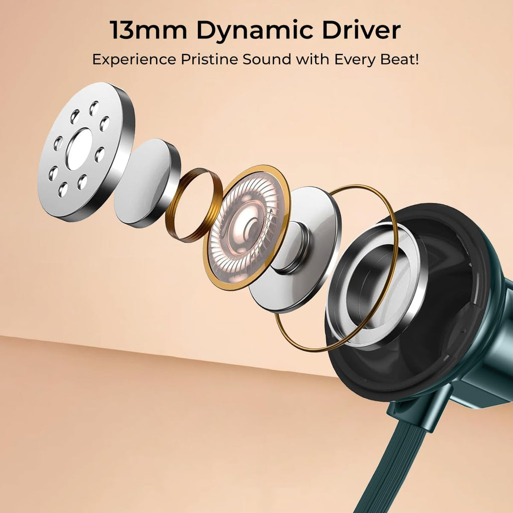 pTron Tangent Rush w/ 50Hrs Playtime, Pristine Sound, Dual-Device Pairing, Bluetooth 5.4 Wireless in-Ear Earphones with Mic, Voice Assistant, Type-C Fast Charging & IPX5 Water Resistant (Green)