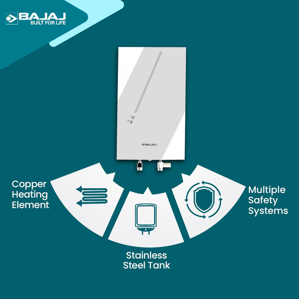 Bajaj Skive 5 Litre Instant Water Heater for home| High Grade SS Tank| Multiple Safety System| Suitable for High Rise| Shock Resistant| Rust Proof Outer| 5-Year* Tank Warranty by Bajaj 【White】