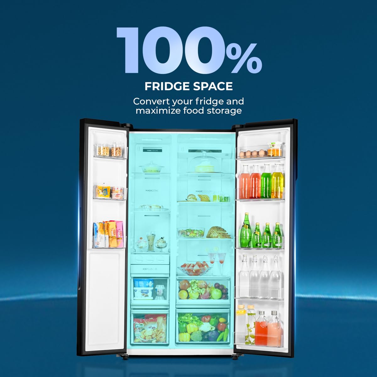 Haier 602L 3Star 2 Door Premium Glass Door Side by Side Frost Free Refrigerator|Convertible|Smart Sense AI|Expert Inverter|Digital Display Panel|Deo Fresh Technology (HRS-682KGU1, Black Glass)